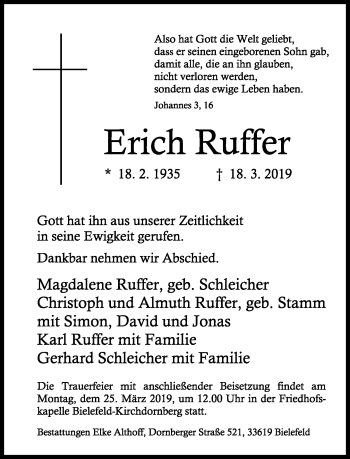 Anzeige  Erich Ruffer  Lippische Landes-Zeitung
