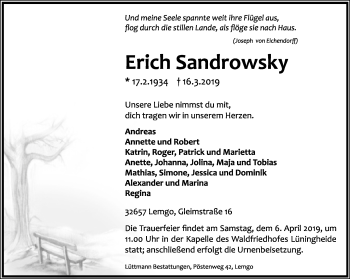 Anzeige  Erich Sandrowsky  Lippische Landes-Zeitung