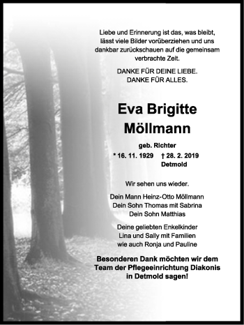 Anzeige  Eva Brigitte Möllmann  Lippische Landes-Zeitung
