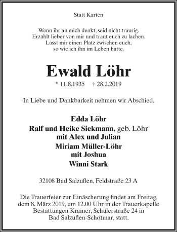 Anzeige  Ewald Löhr  Lippische Landes-Zeitung