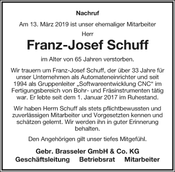 Anzeige  Franz Schuff  Lippische Landes-Zeitung