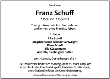 Anzeige  Franz Schuff  Lippische Landes-Zeitung