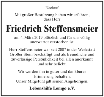 Anzeige  Friedrich Steffensmeier  Lippische Landes-Zeitung