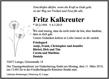 Anzeige  Fritz Kalkreuter  Lippische Landes-Zeitung