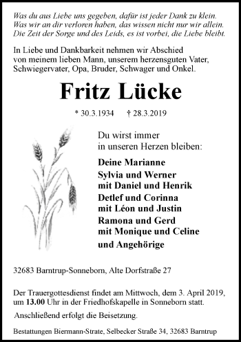 Anzeige  Fritz Lücke  Lippische Landes-Zeitung