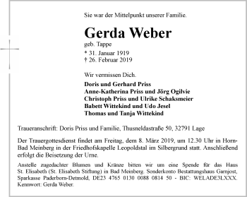 Anzeige  Gerda Weber  Lippische Landes-Zeitung