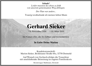 Anzeige  Gerhard Sieker  Lippische Landes-Zeitung