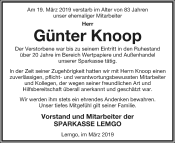 Anzeige  Günter Knoop  Lippische Landes-Zeitung