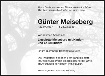 Anzeige  Günter Meiseberg  Lippische Landes-Zeitung