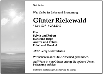 Anzeige  Günter Riekewald  Lippische Landes-Zeitung