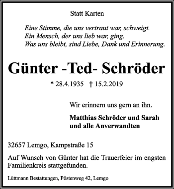 Anzeige  Günter Schröder  Lippische Landes-Zeitung