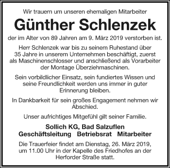 Anzeige  Günther Schlenzek  Lippische Landes-Zeitung