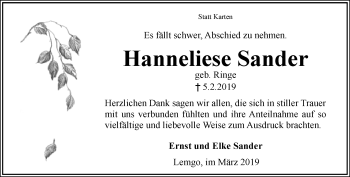Anzeige  Hanneliese Sander  Lippische Landes-Zeitung