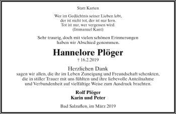 Anzeige  Hannelore Plöger  Lippische Landes-Zeitung