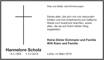 Anzeige  Hannelore Scholz  Lippische Landes-Zeitung