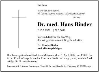 Anzeige  Hans Binder  Lippische Landes-Zeitung