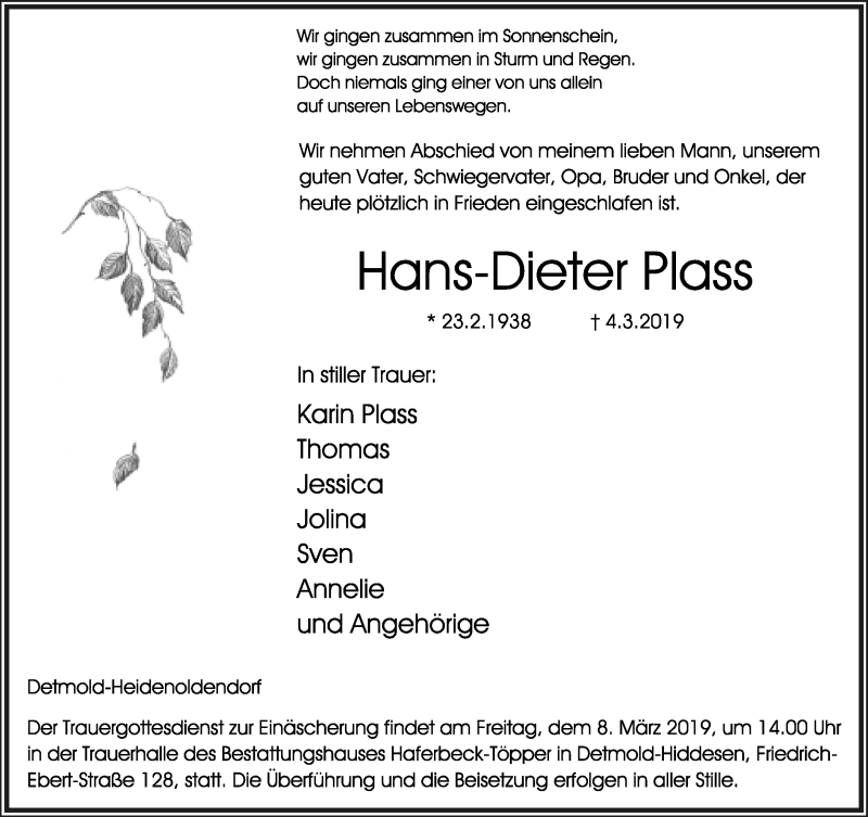  Traueranzeige für Hans-Dieter Plass vom 06.03.2019 aus Lippische Landes-Zeitung