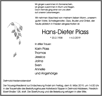 Anzeige  Hans-Dieter Plass  Lippische Landes-Zeitung