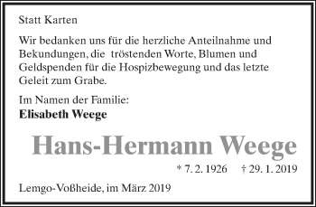 Anzeige  Hans-Hermann Weege  Lippische Landes-Zeitung