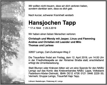 Anzeige  Hansjochen Tapp  Lippische Landes-Zeitung