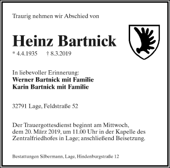Anzeige  Heinz Bartnick  Lippische Landes-Zeitung