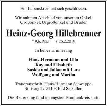 Anzeige  Heinz-Georg Hillebrenner  Lippische Landes-Zeitung