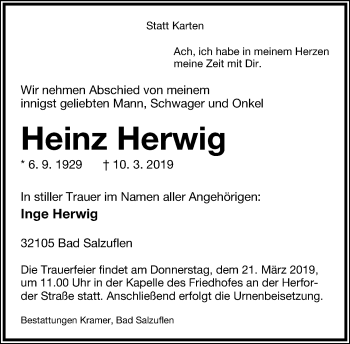 Anzeige  Heinz Herwig  Lippische Landes-Zeitung