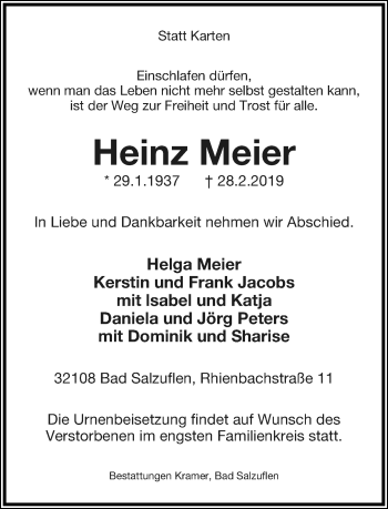 Anzeige  Heinz Meier  Lippische Landes-Zeitung