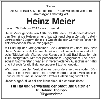 Anzeige  Heinz Meier  Lippische Landes-Zeitung