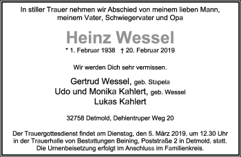 Anzeige  Heinz Wessel  Lippische Landes-Zeitung