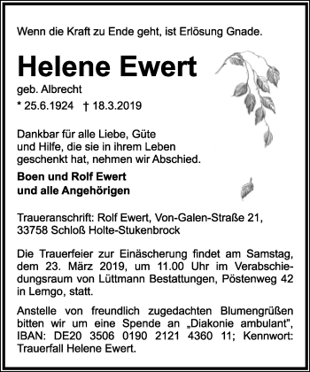 Anzeige  Helene Ewert  Lippische Landes-Zeitung