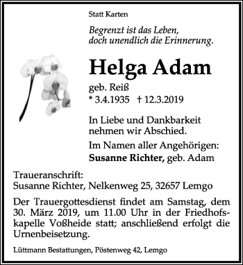 Anzeige  Helga Adam  Lippische Landes-Zeitung