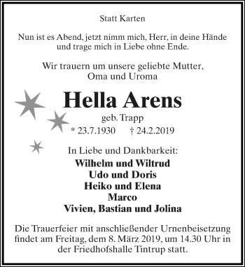 Anzeige  Hella Arens  Lippische Landes-Zeitung