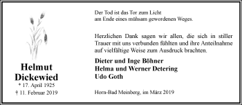 Anzeige  Helmut Dickewied  Lippische Landes-Zeitung