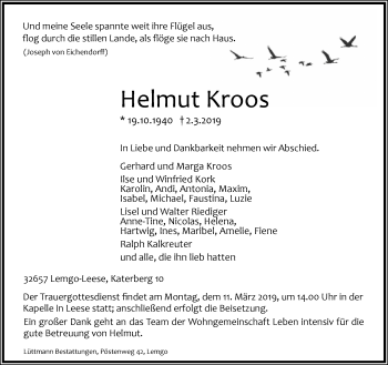 Anzeige  Helmut Kroos  Lippische Landes-Zeitung