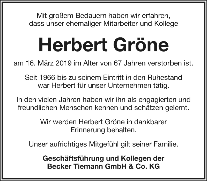  Traueranzeige für Herbert Gröne vom 23.03.2019 aus Lippische Landes-Zeitung