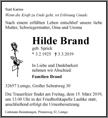 Anzeige  Hilde Brand  Lippische Landes-Zeitung