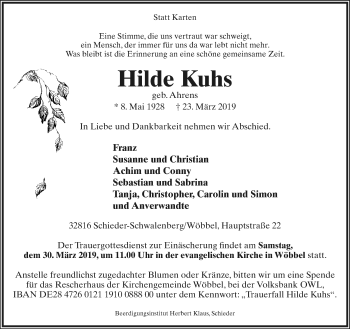 Anzeige  Hilde Kuhs  Lippische Landes-Zeitung