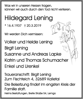 Anzeige  Hildegard Lening  Lippische Landes-Zeitung
