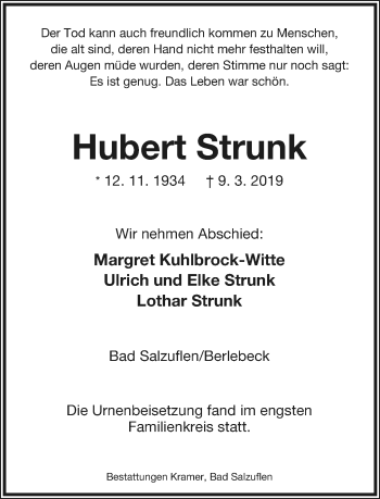 Anzeige  Hubert Strunk  Lippische Landes-Zeitung