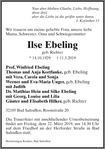 Anzeige  Ilse Ebeling  Lippische Landes-Zeitung