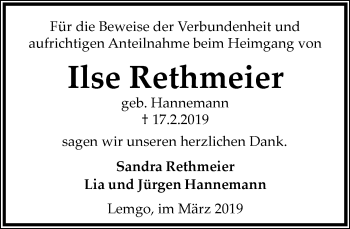 Anzeige  Ilse Rethmeier  Lippische Landes-Zeitung