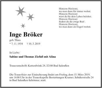 Anzeige  Inge Bröker  Lippische Landes-Zeitung