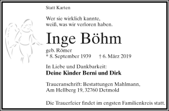Anzeige  Inge Böhm  Lippische Landes-Zeitung