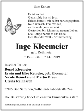 Anzeige  Inge Kleemeier  Lippische Landes-Zeitung