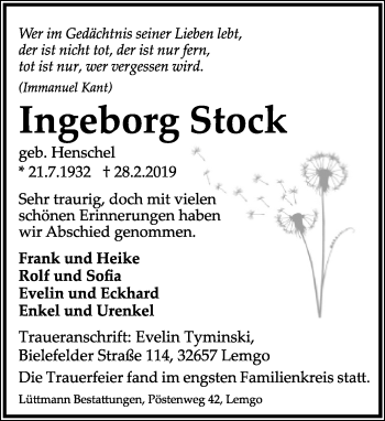 Anzeige  Ingeborg Stock  Lippische Landes-Zeitung