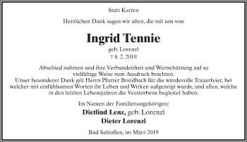 Anzeige  Ingrid Tennie  Lippische Landes-Zeitung