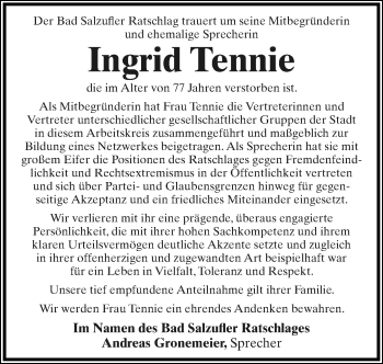 Anzeige  Ingrid Tennie  Lippische Landes-Zeitung