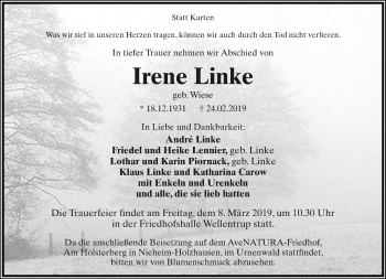 Anzeige  Irene Linke  Lippische Landes-Zeitung