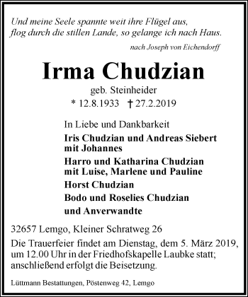 Anzeige  Irma Chudzian  Lippische Landes-Zeitung